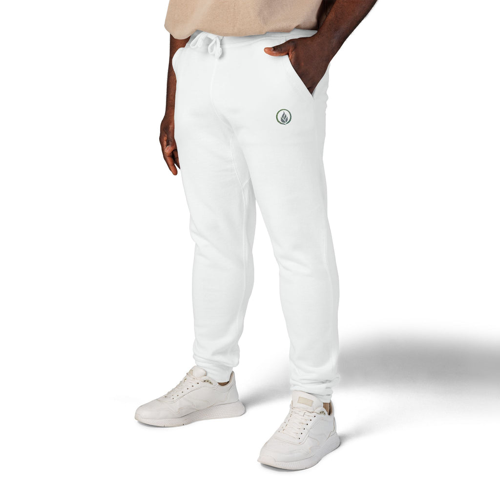 Embroidered Laurel Logo Sweatpants — White Fleece Joggers