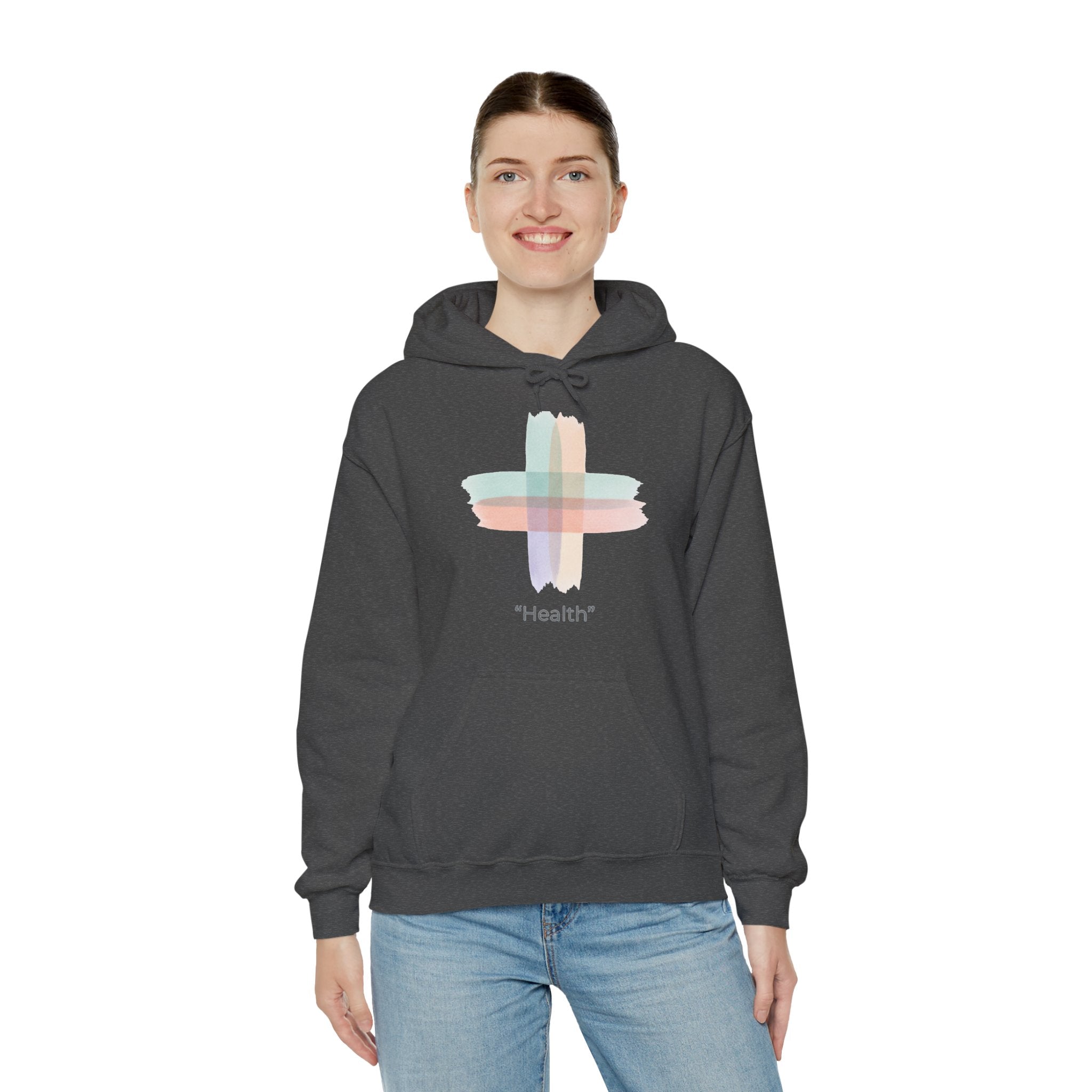 Health Symbol Hoodie – Minimal Pastel Cross & Leaf Wellness Graphic Hoodie