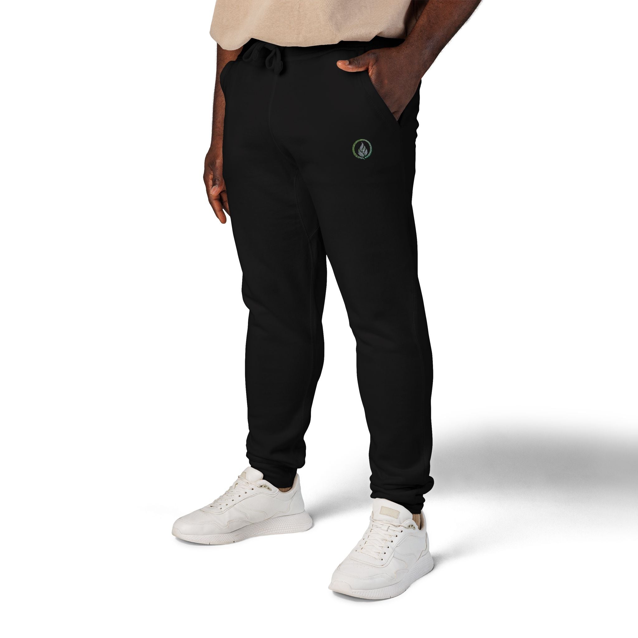 Embroidered Laurel Logo Sweatpants — White Fleece Joggers