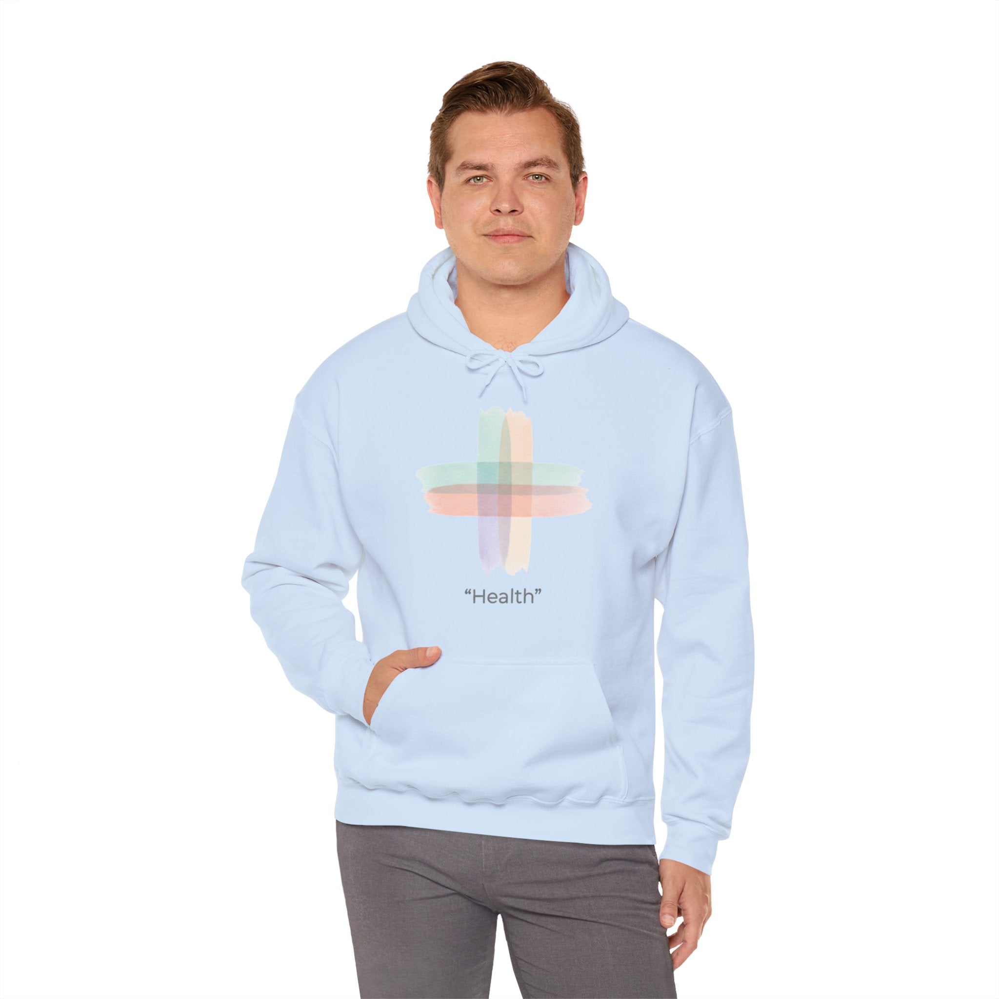 Health Symbol Hoodie – Minimal Pastel Cross & Leaf Wellness Graphic Hoodie