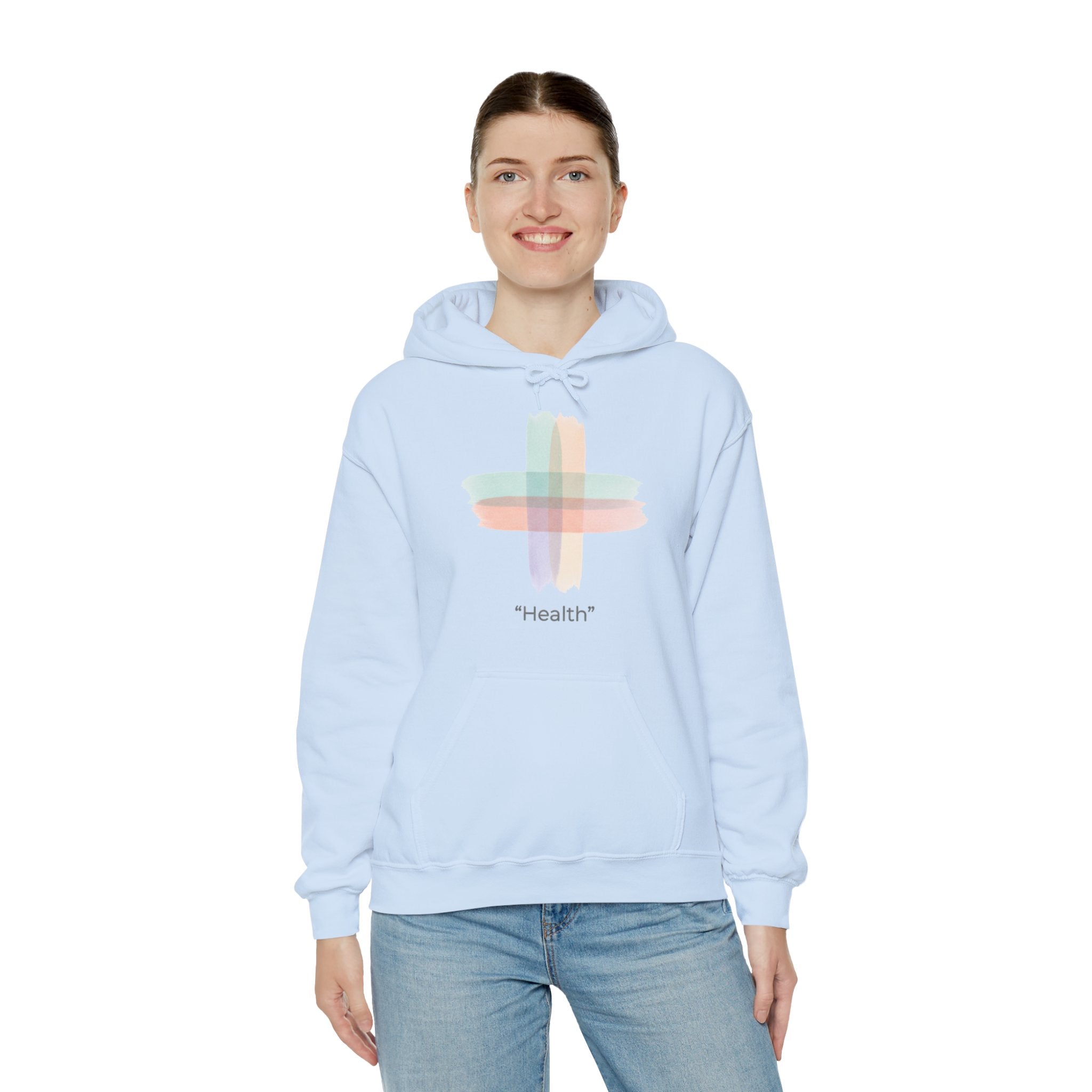 Health Symbol Hoodie – Minimal Pastel Cross & Leaf Wellness Graphic Hoodie
