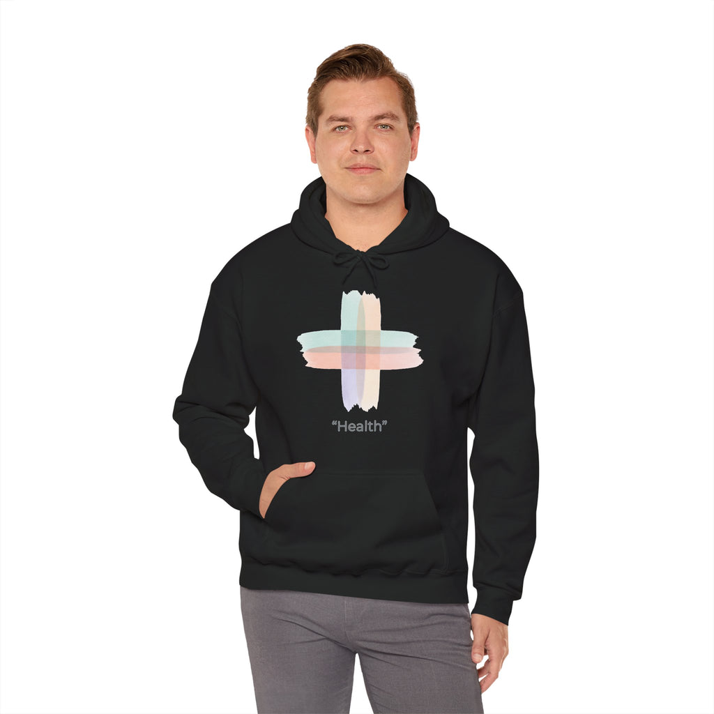 Health Symbol Hoodie – Minimal Pastel Cross & Leaf Wellness Graphic Hoodie