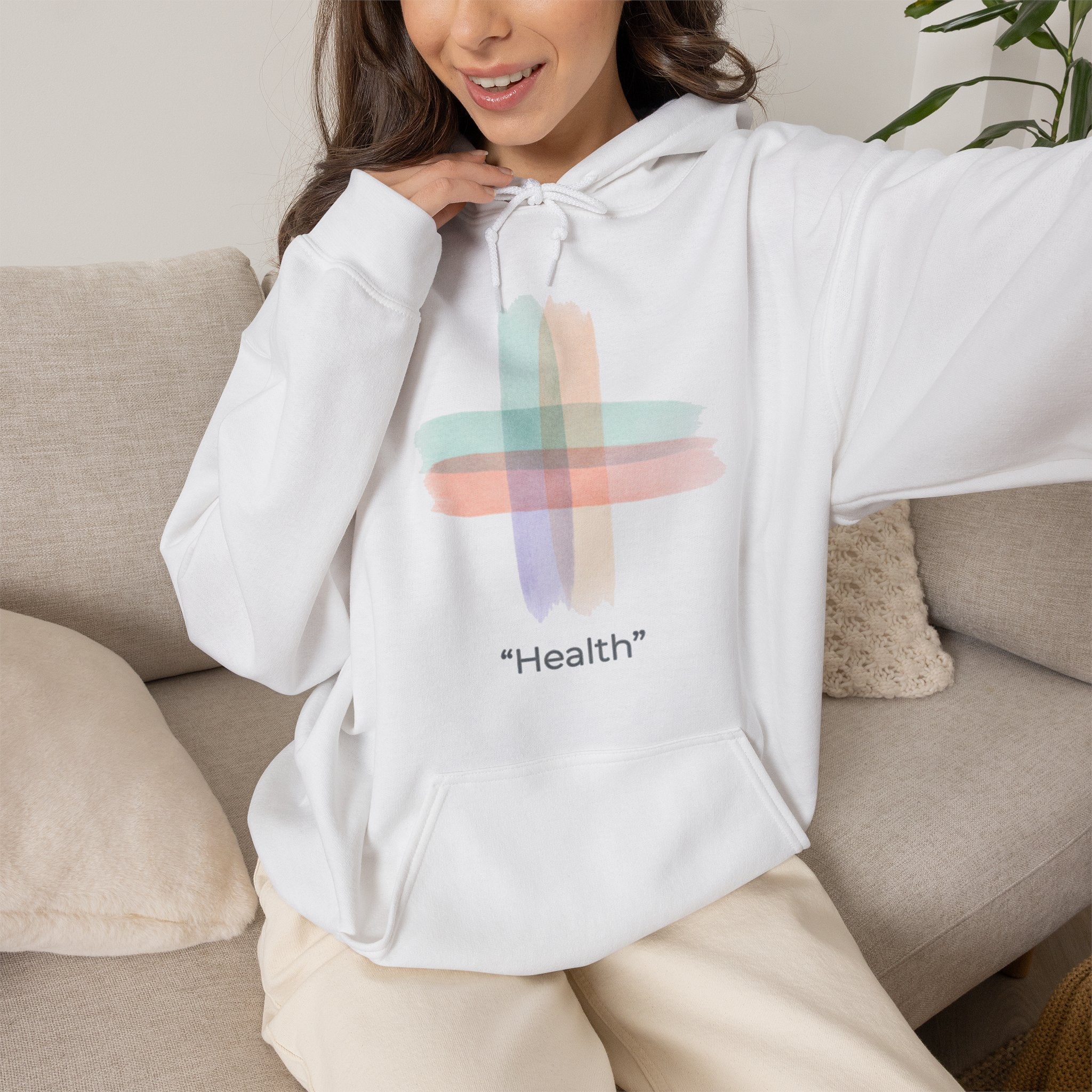 Health Symbol Hoodie – Minimal Pastel Cross & Leaf Wellness Graphic Hoodie