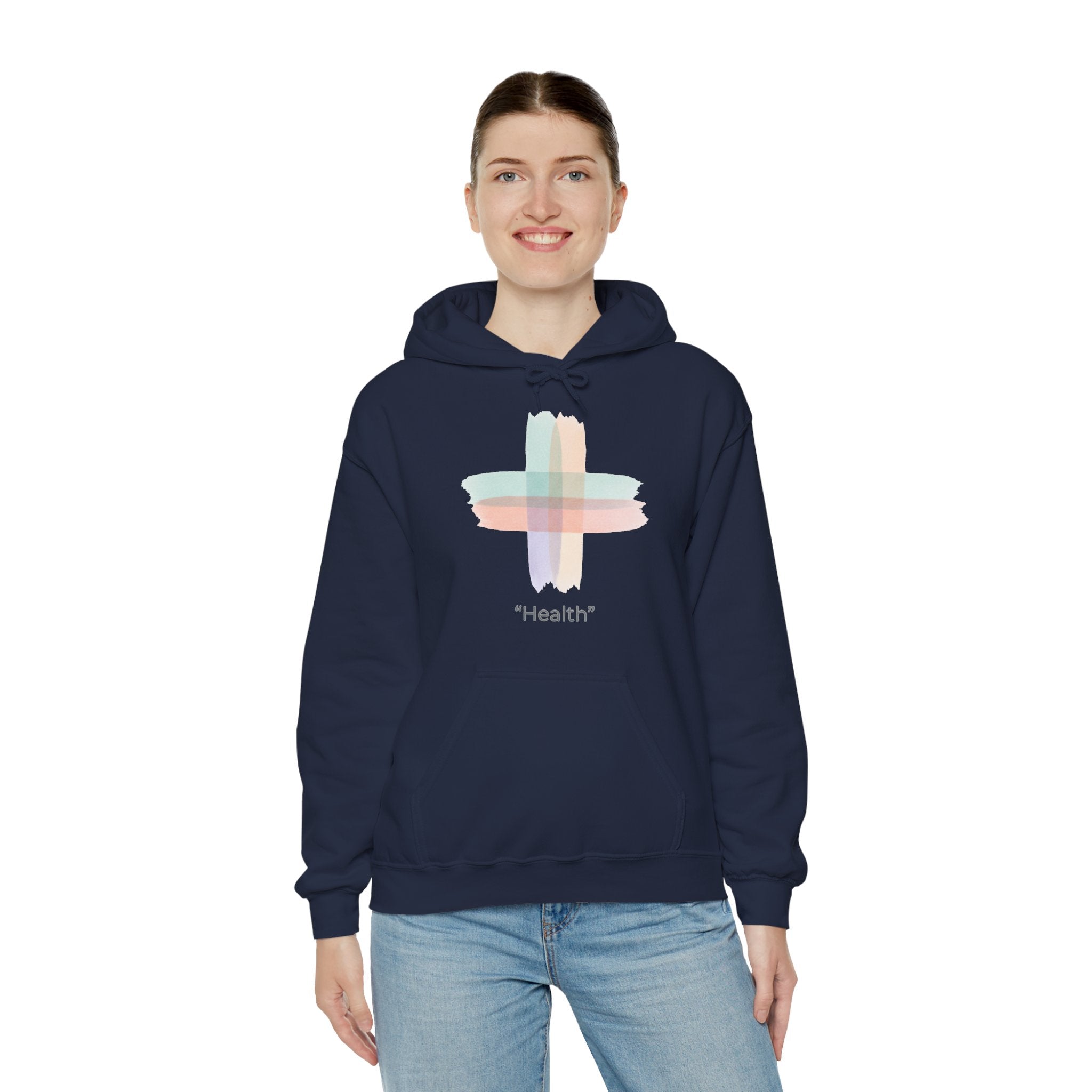 Health Symbol Hoodie – Minimal Pastel Cross & Leaf Wellness Graphic Hoodie