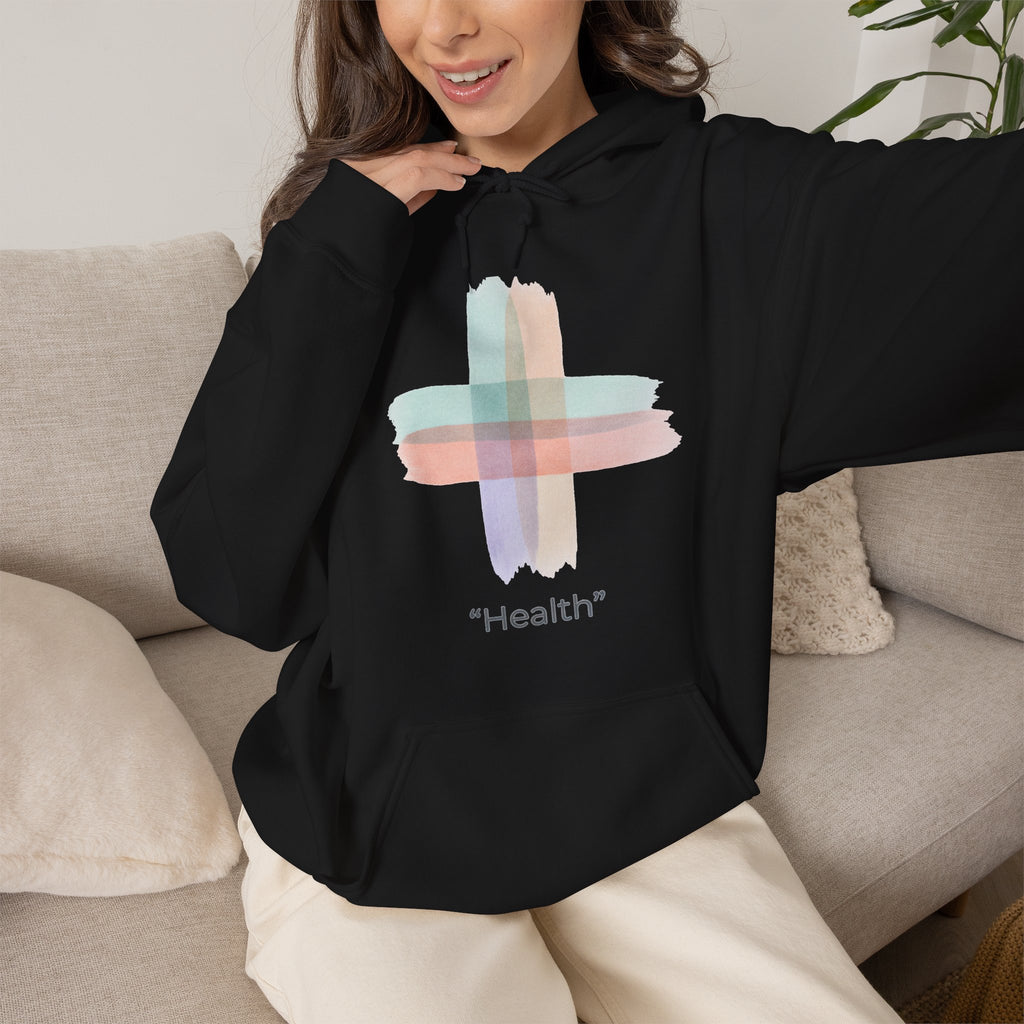 Health Symbol Hoodie – Minimal Pastel Cross & Leaf Wellness Graphic Hoodie