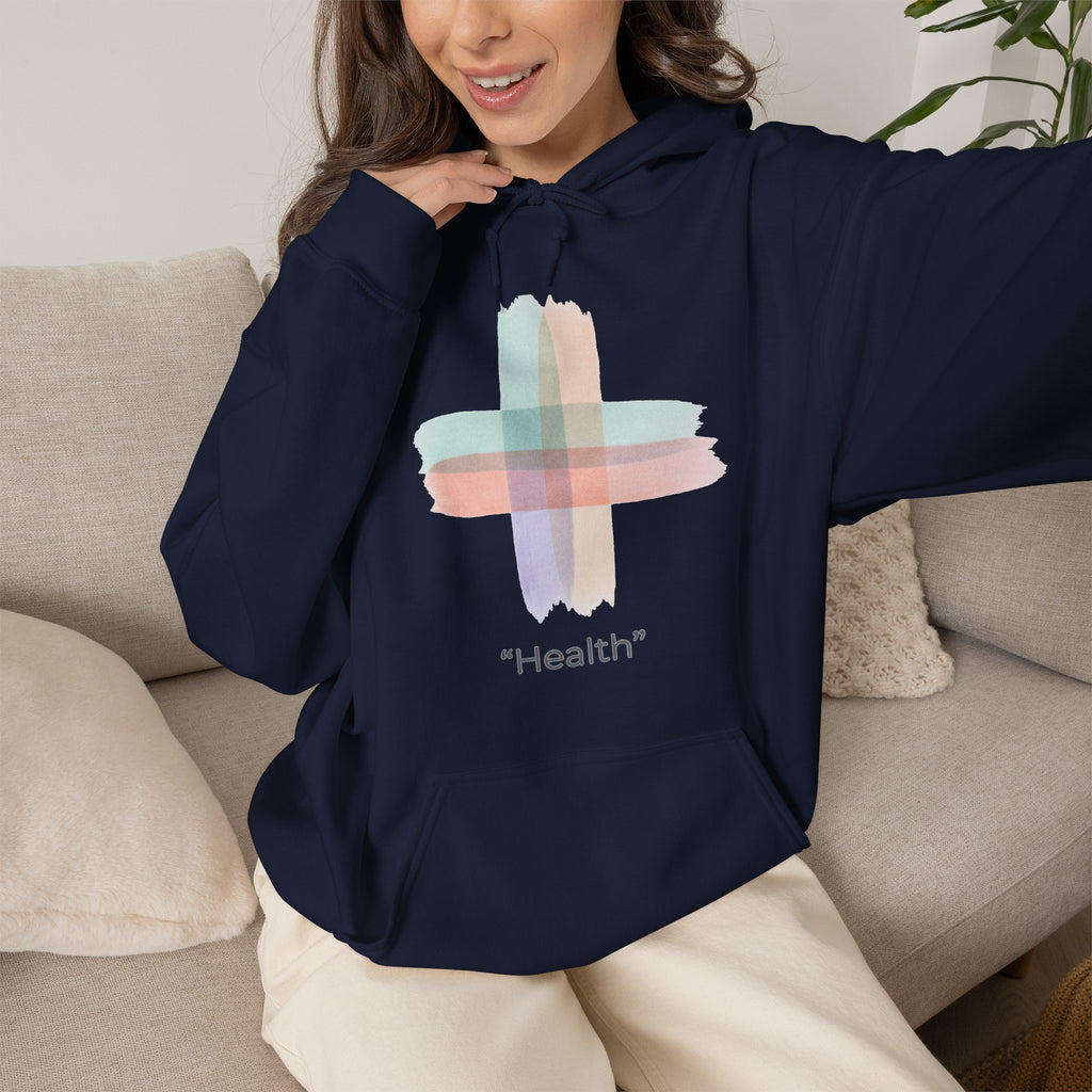 Health Symbol Hoodie – Minimal Pastel Cross & Leaf Wellness Graphic Hoodie