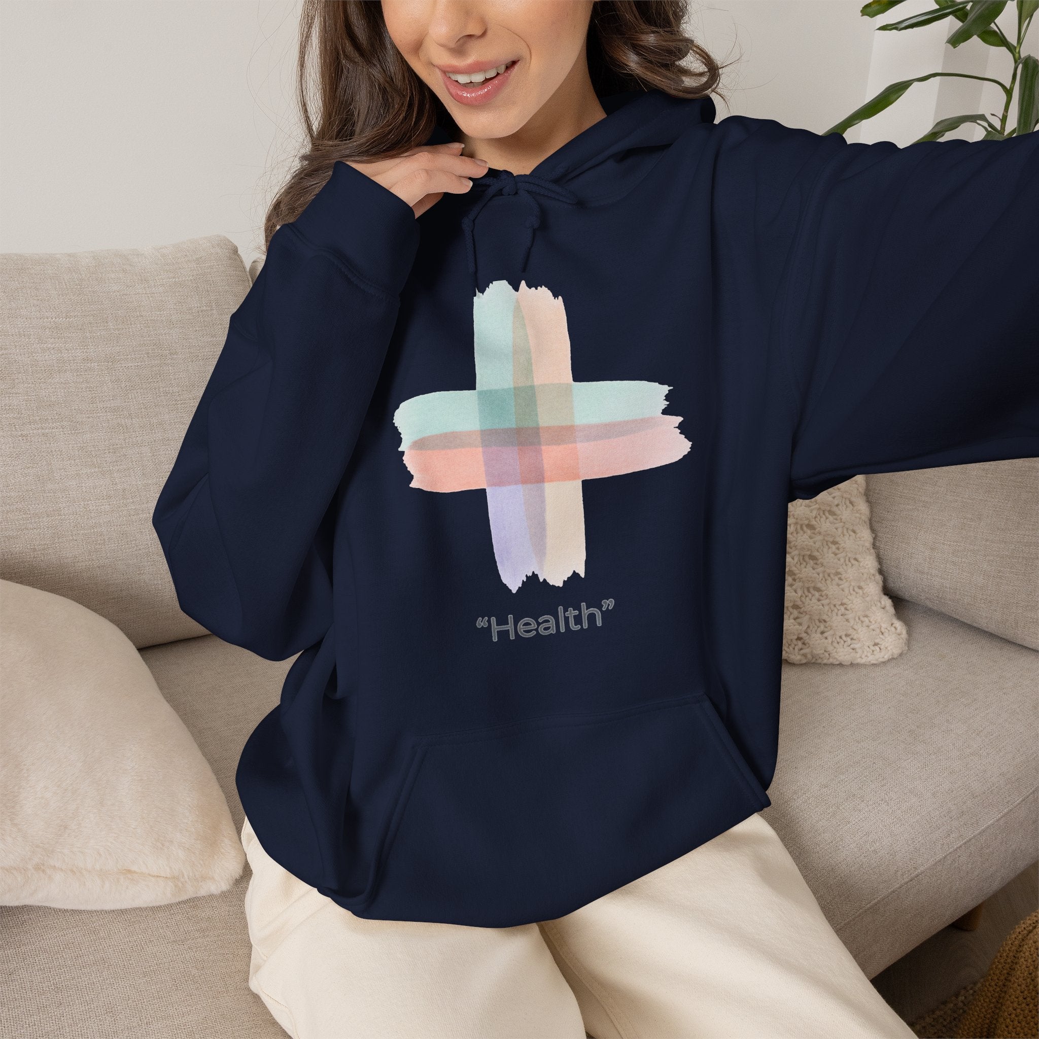 Health Symbol Hoodie – Minimal Pastel Cross & Leaf Wellness Graphic Hoodie