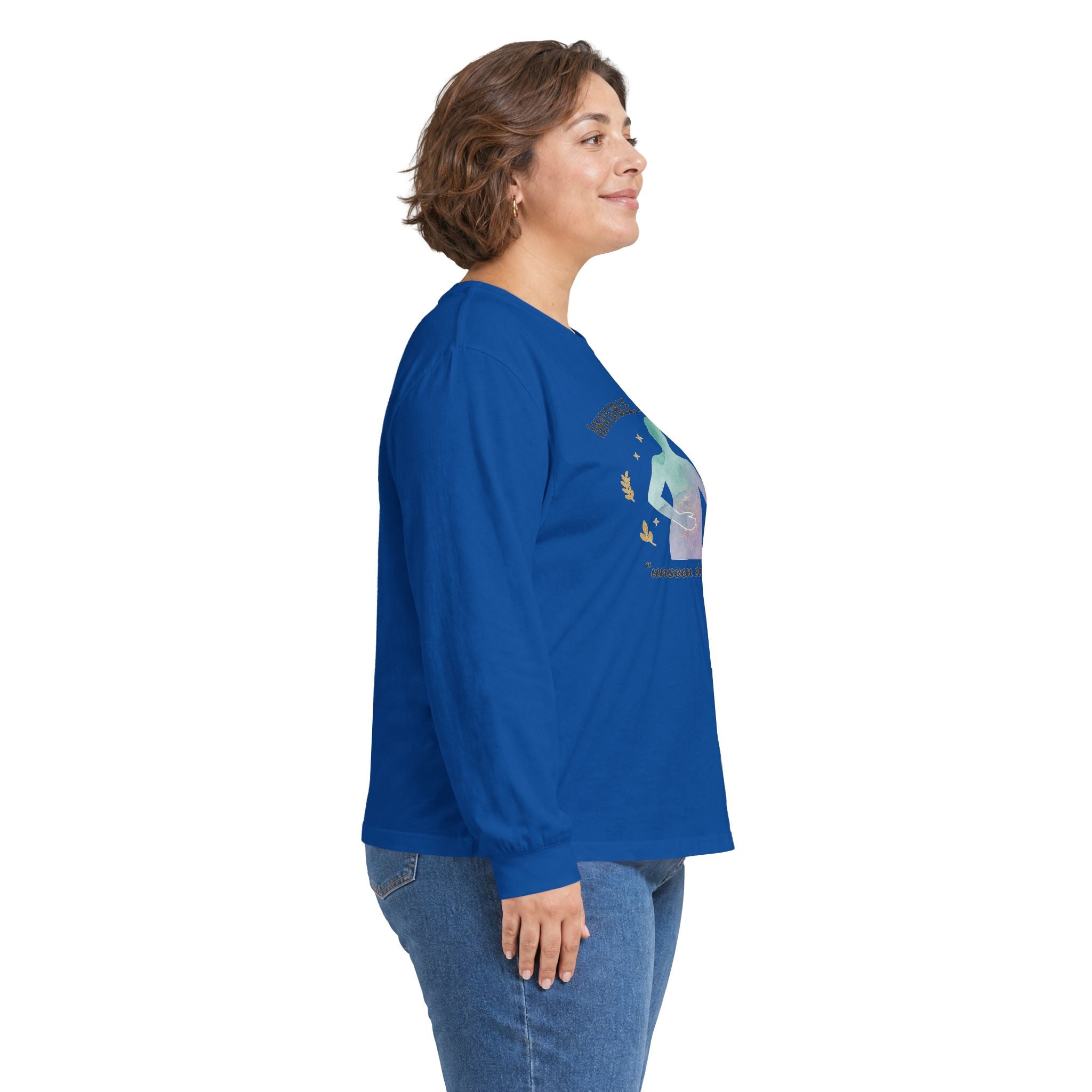 Invisible Not Defeated Long Sleeve Tee — Awareness Strength Graphic