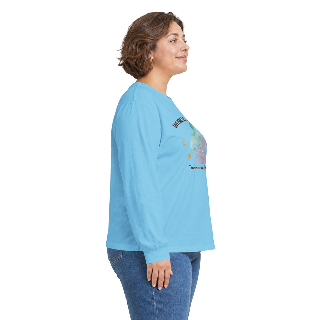 Invisible Not Defeated Long Sleeve Tee — Awareness Strength Graphic