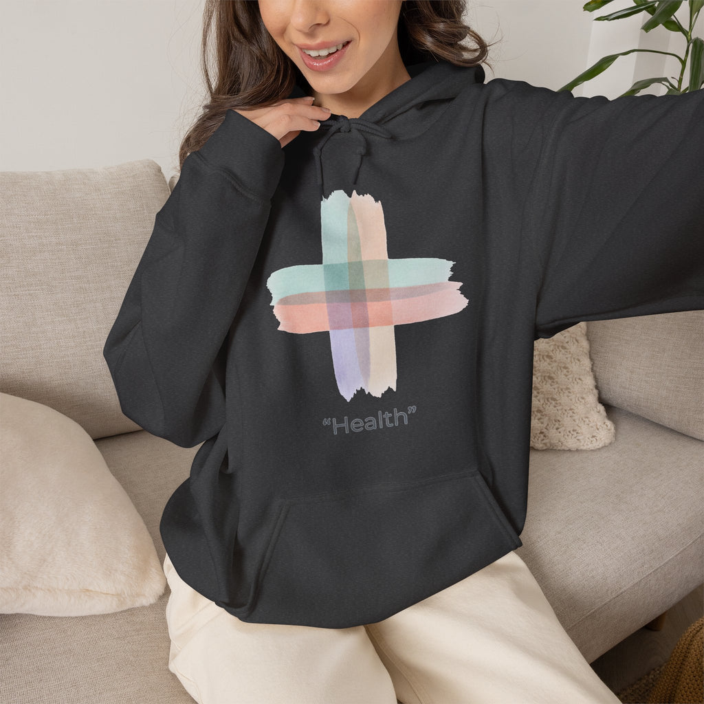 Health Symbol Hoodie – Minimal Pastel Cross & Leaf Wellness Graphic Hoodie