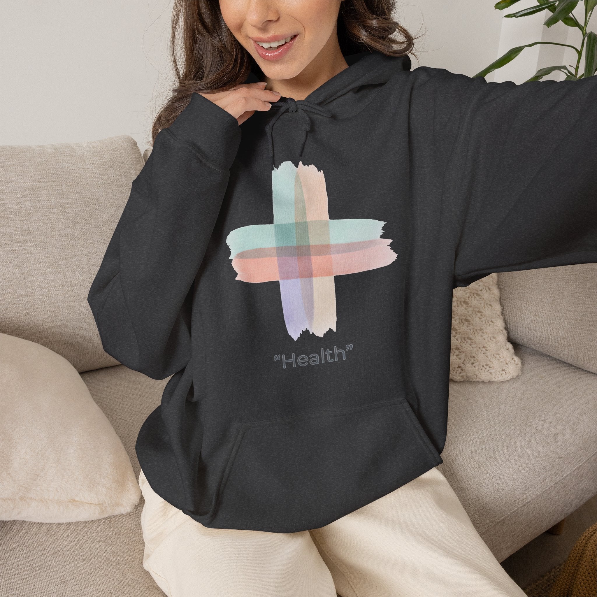 Health Symbol Hoodie – Minimal Pastel Cross & Leaf Wellness Graphic Hoodie