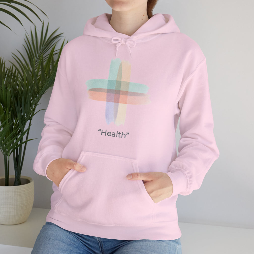 Health Symbol Hoodie – Minimal Pastel Cross & Leaf Wellness Graphic Hoodie