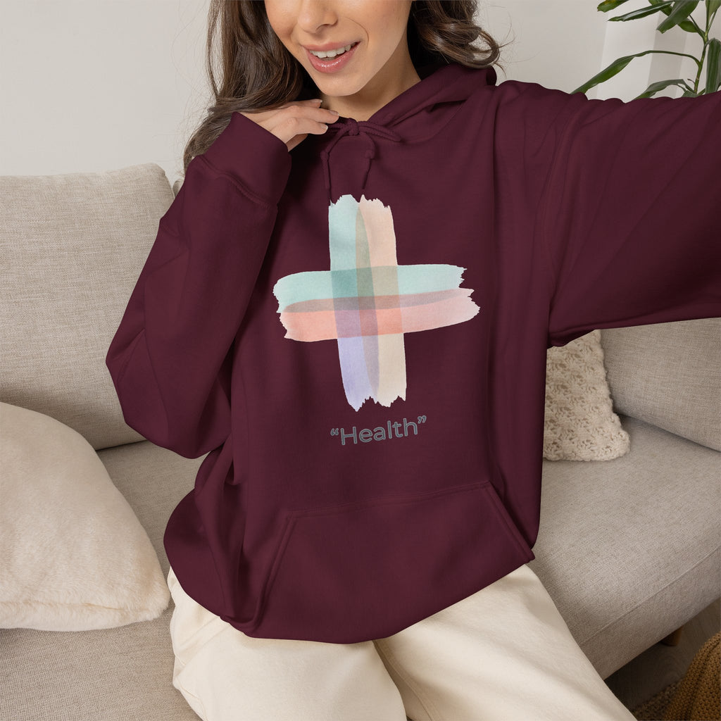 Health Symbol Hoodie – Minimal Pastel Cross & Leaf Wellness Graphic Hoodie