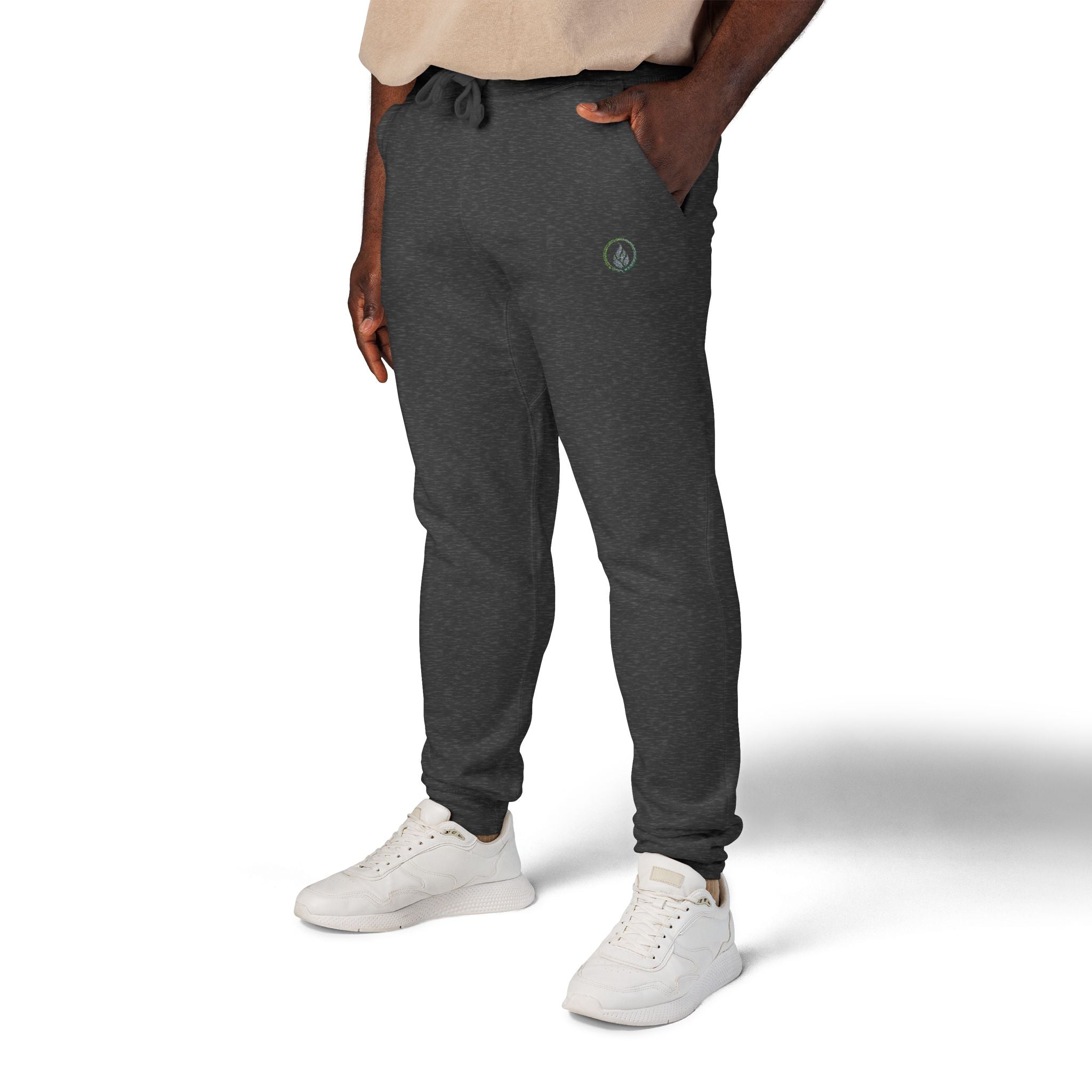 Embroidered Laurel Logo Sweatpants — White Fleece Joggers