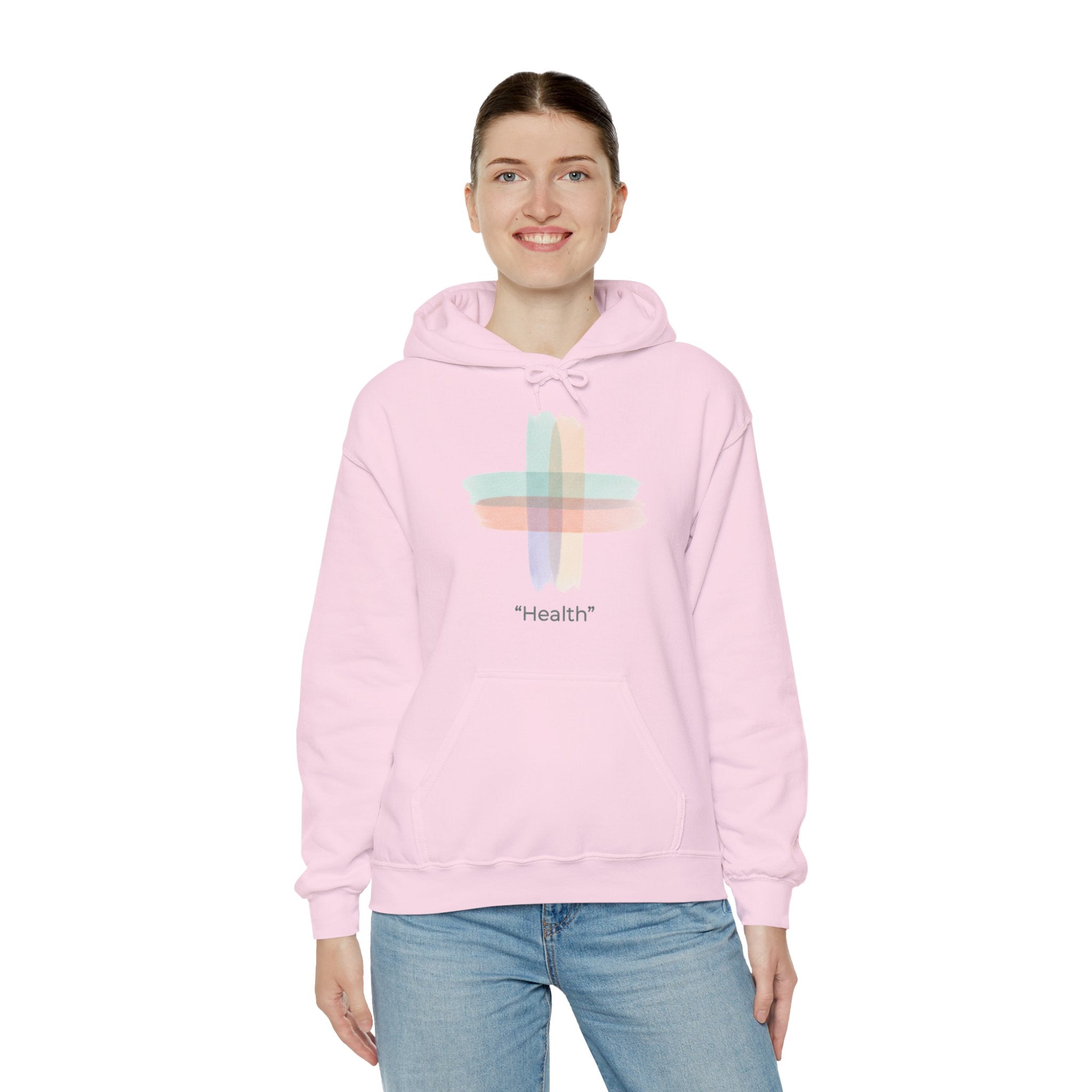 Health Symbol Hoodie – Minimal Pastel Cross & Leaf Wellness Graphic Hoodie