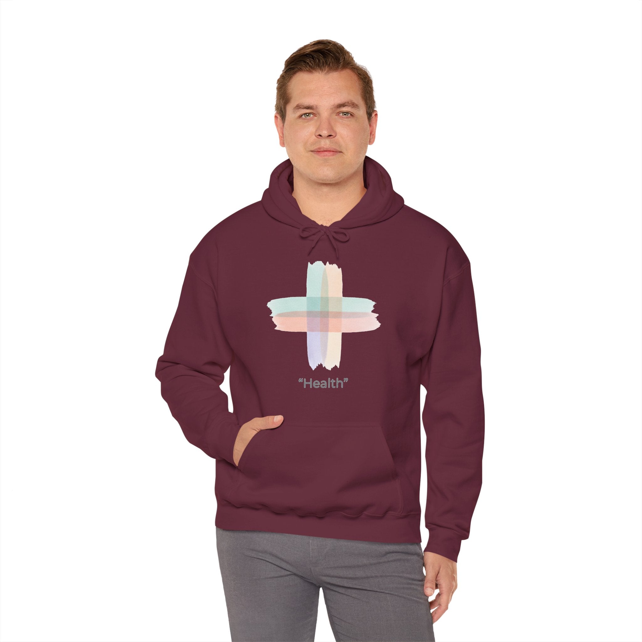Health Symbol Hoodie – Minimal Pastel Cross & Leaf Wellness Graphic Hoodie