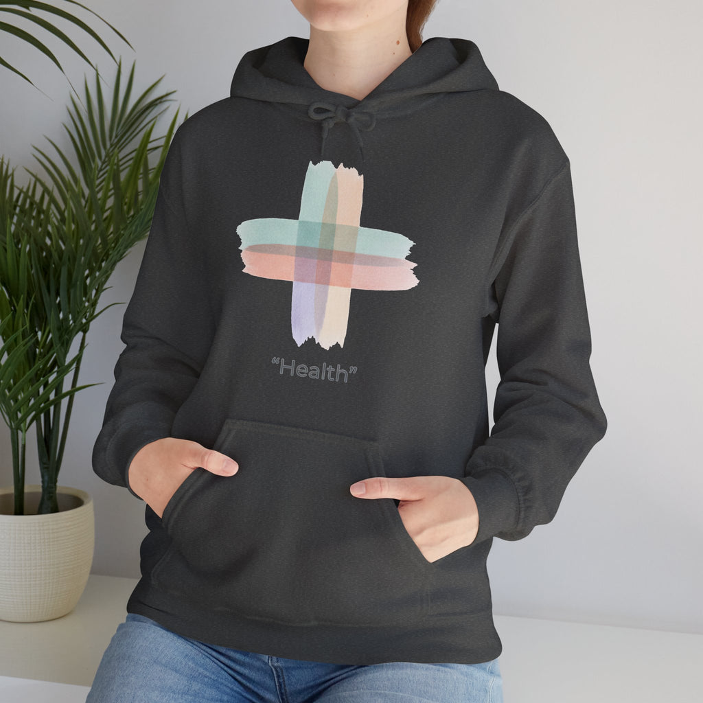 Health Symbol Hoodie – Minimal Pastel Cross & Leaf Wellness Graphic Hoodie
