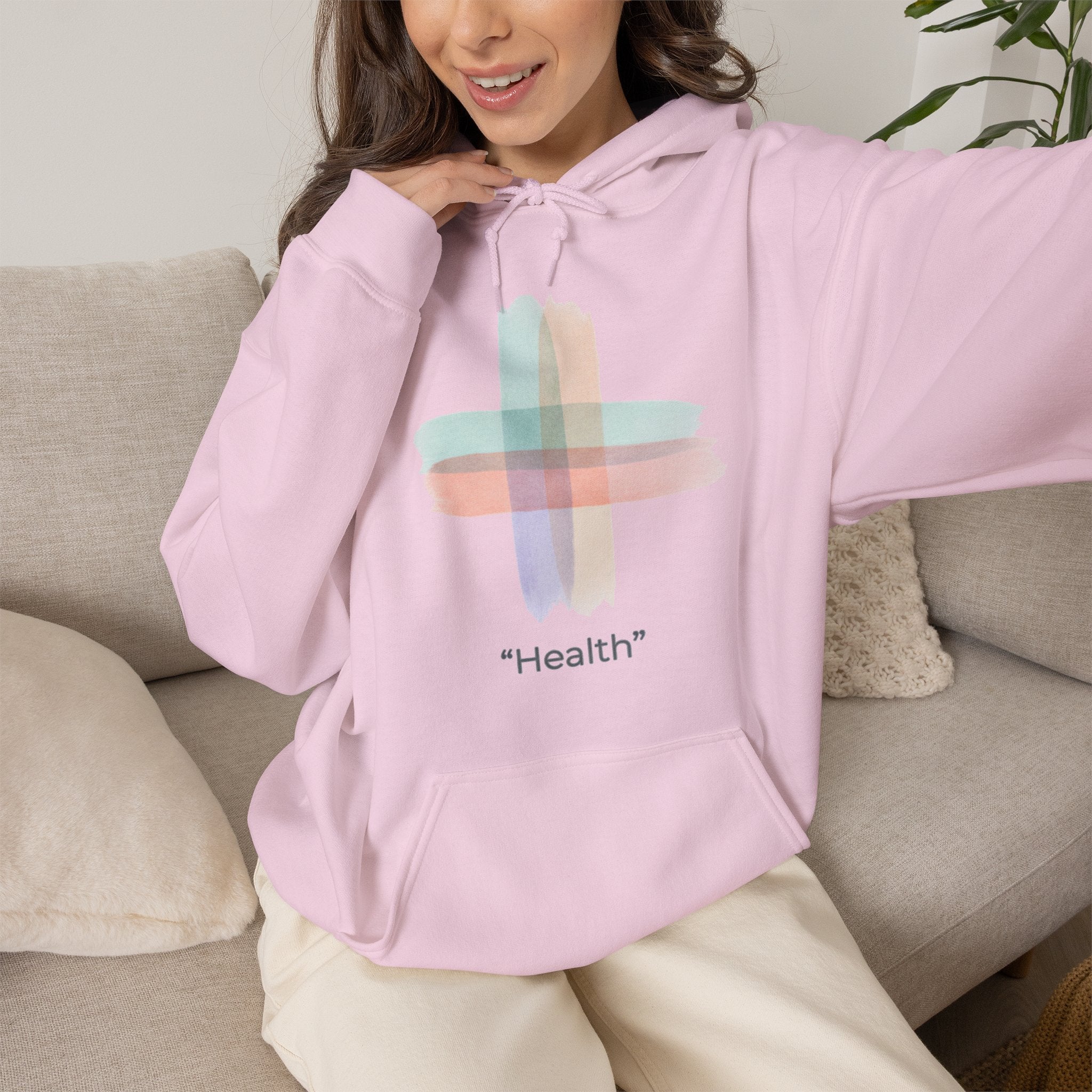 Health Symbol Hoodie – Minimal Pastel Cross & Leaf Wellness Graphic Hoodie