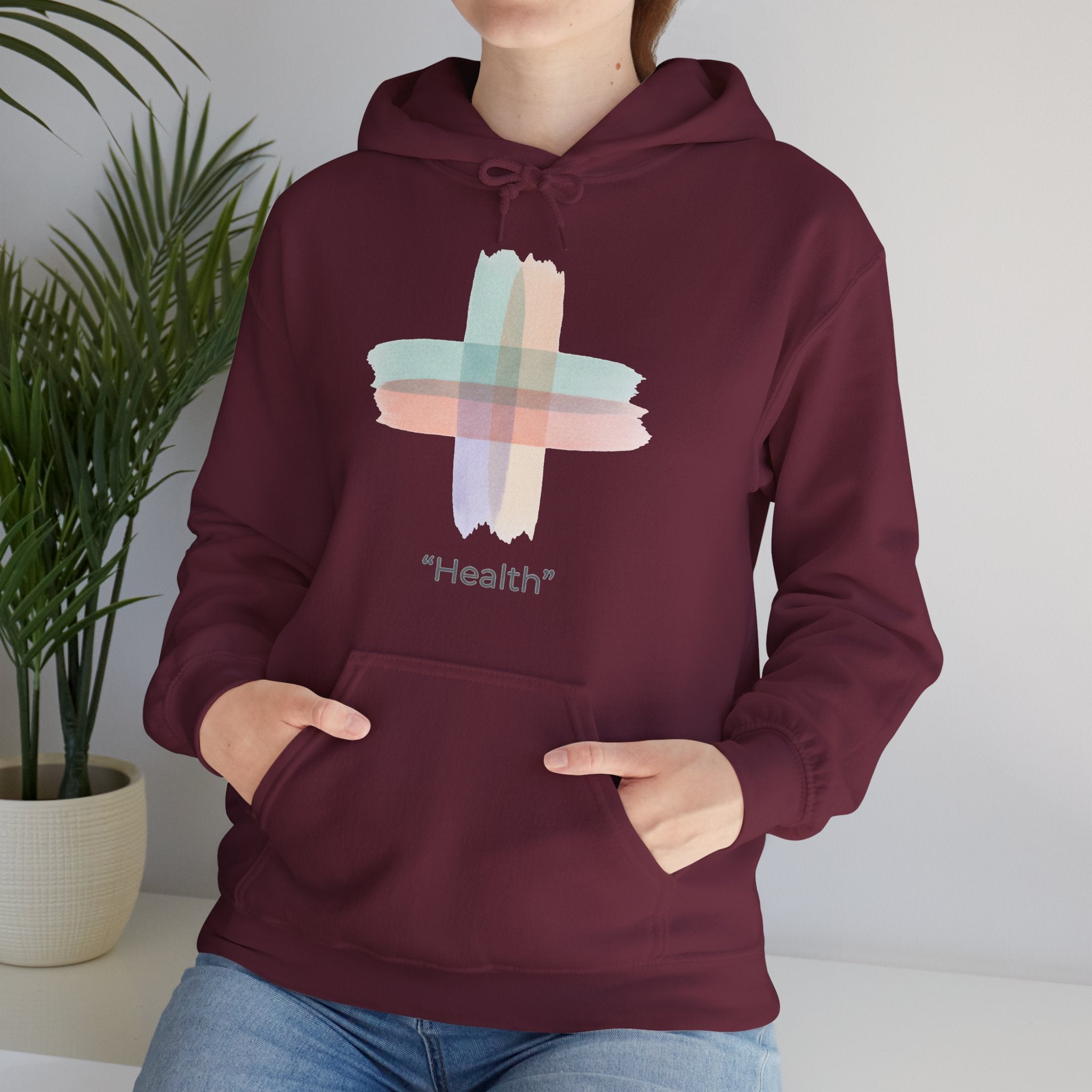 Health Symbol Hoodie – Minimal Pastel Cross & Leaf Wellness Graphic Hoodie