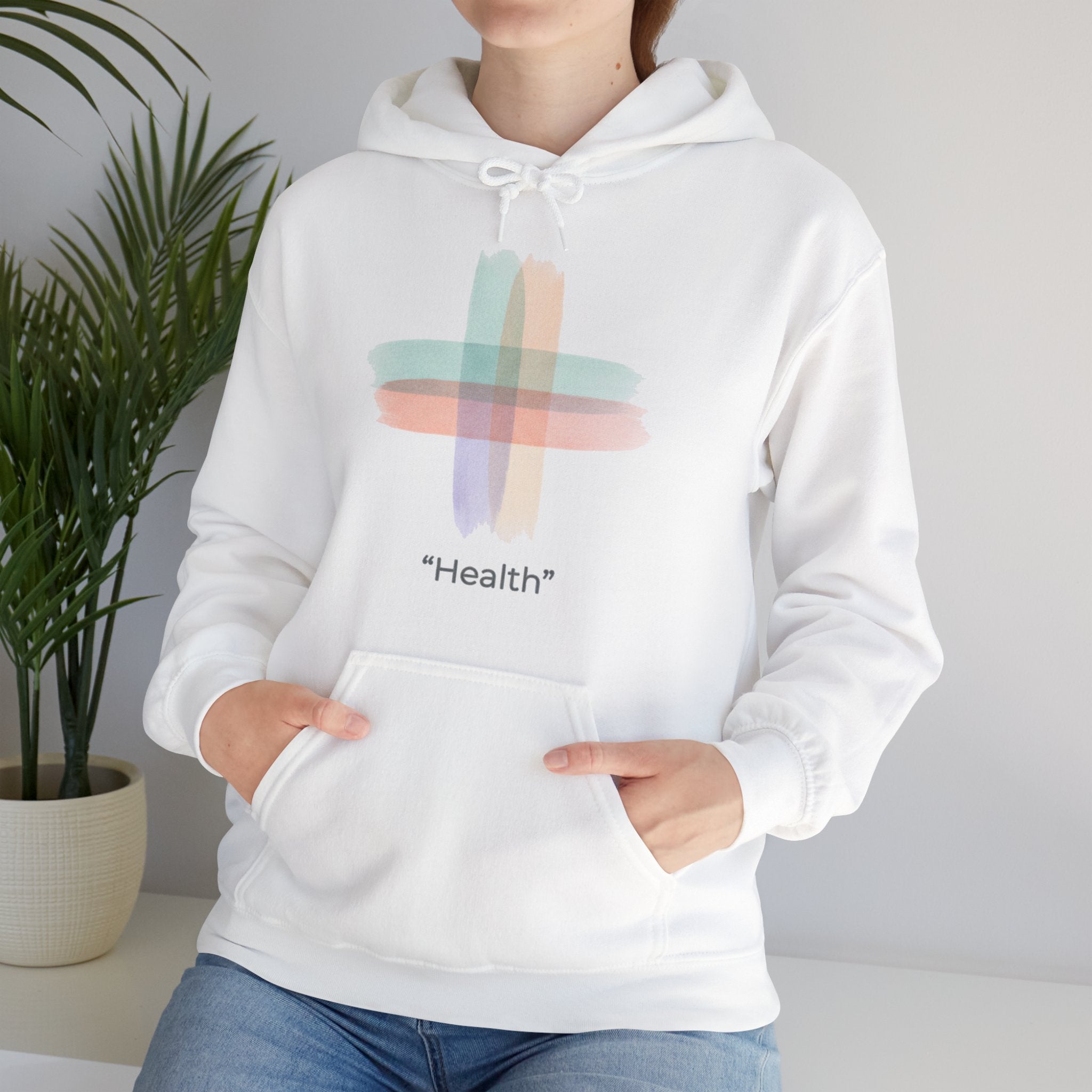 Health Symbol Hoodie – Minimal Pastel Cross & Leaf Wellness Graphic Hoodie