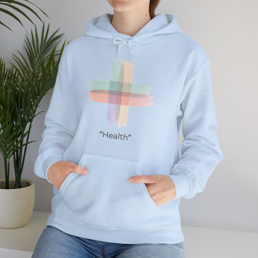 Health Symbol Hoodie – Minimal Pastel Cross & Leaf Wellness Graphic Hoodie