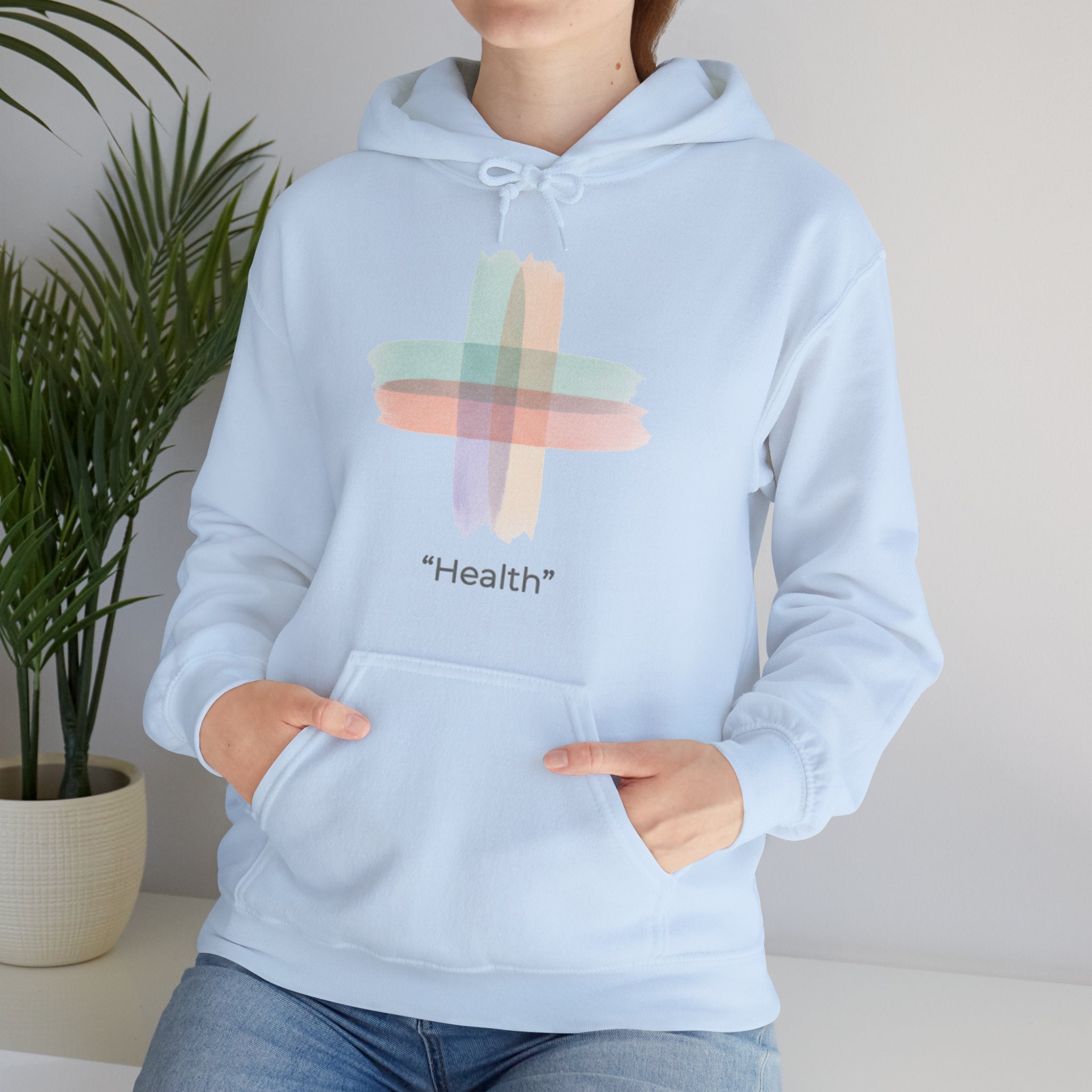 Health Symbol Hoodie – Minimal Pastel Cross & Leaf Wellness Graphic Hoodie