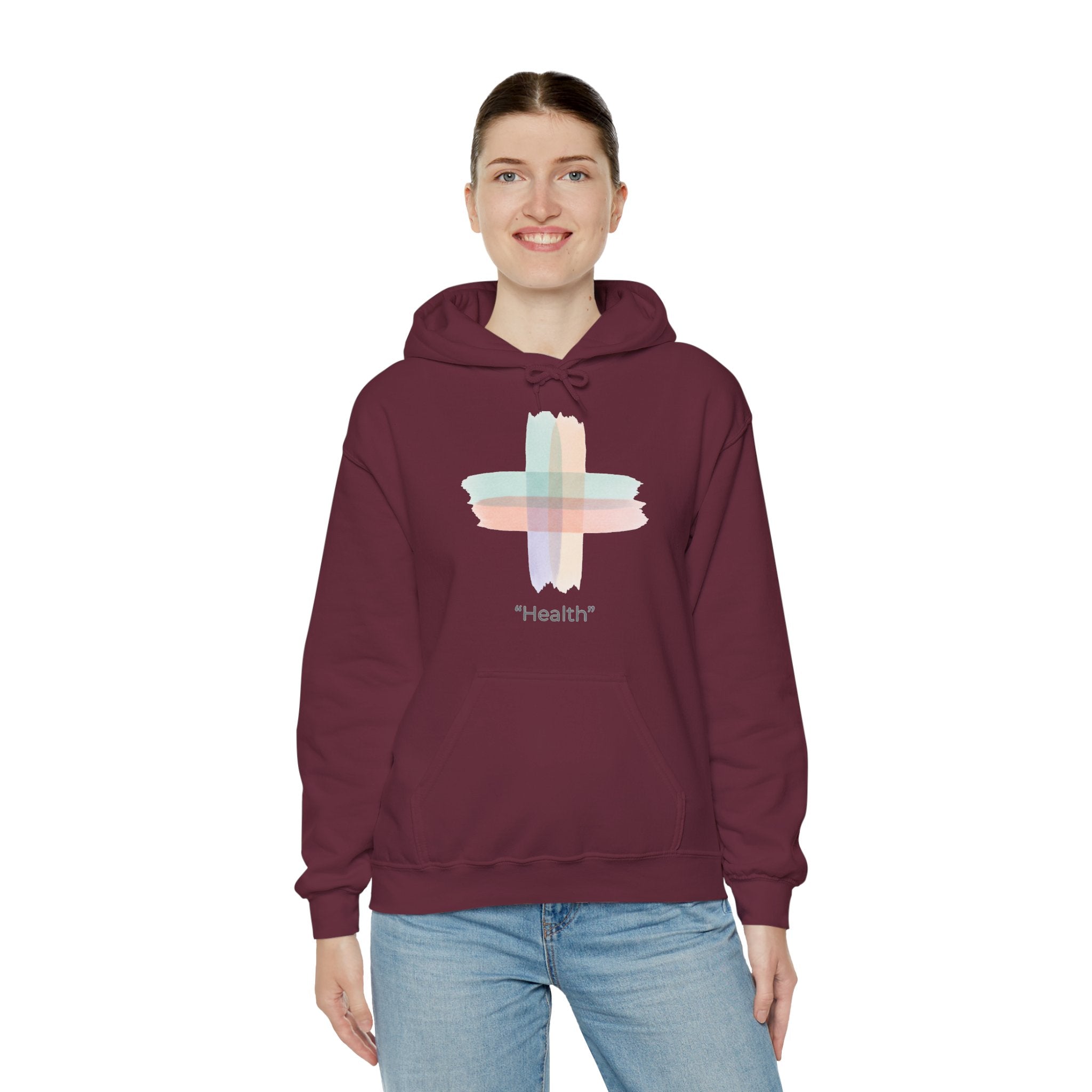 Health Symbol Hoodie – Minimal Pastel Cross & Leaf Wellness Graphic Hoodie