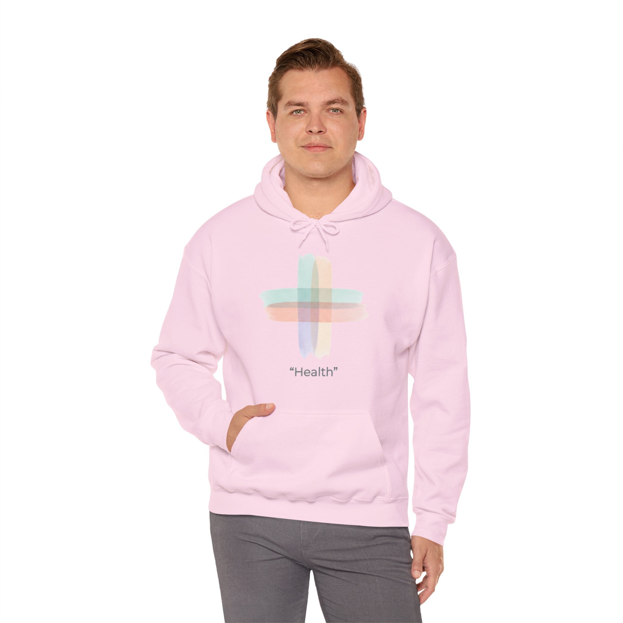 Health Symbol Hoodie – Minimal Pastel Cross & Leaf Wellness Graphic Hoodie