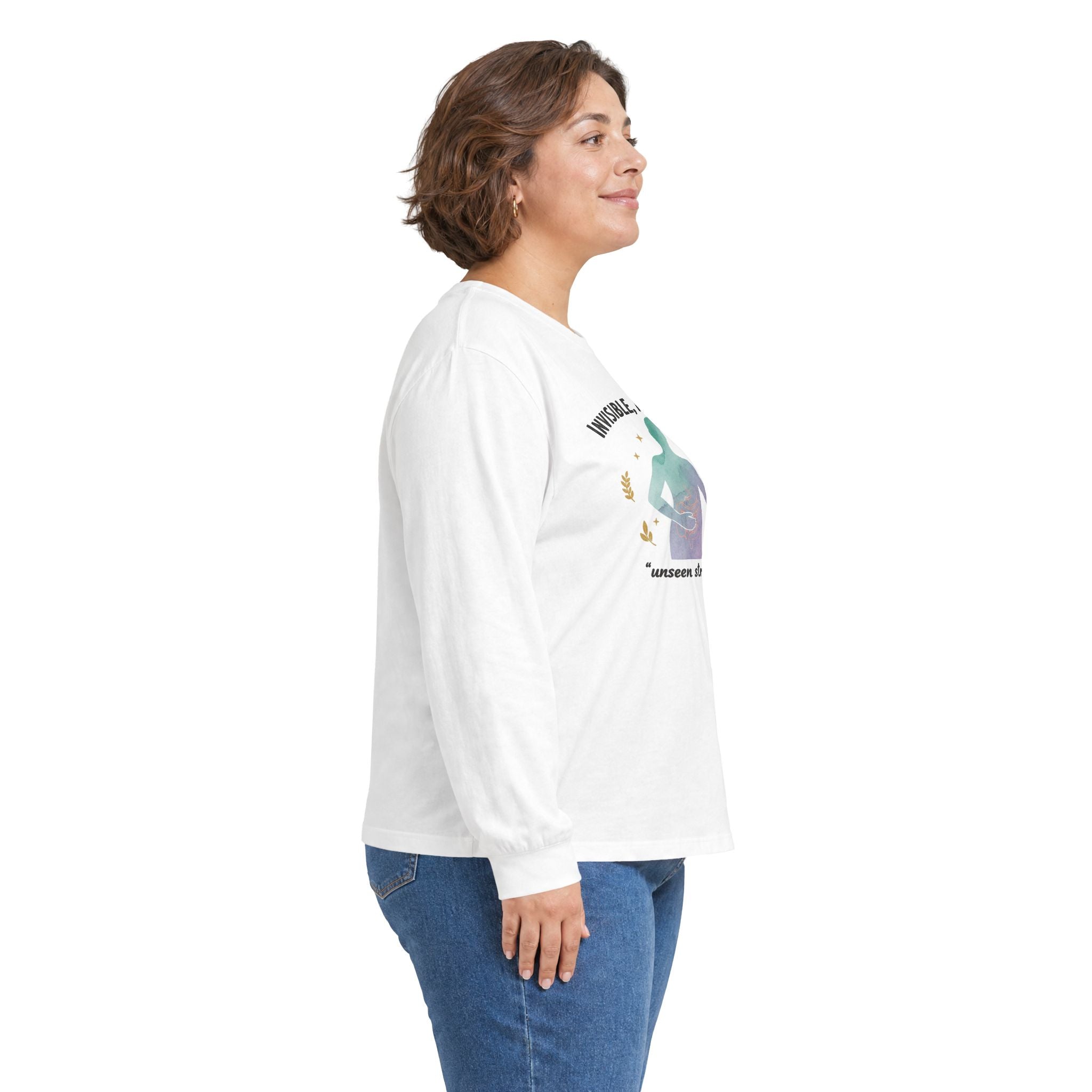 Invisible Not Defeated Long Sleeve Tee — Awareness Strength Graphic