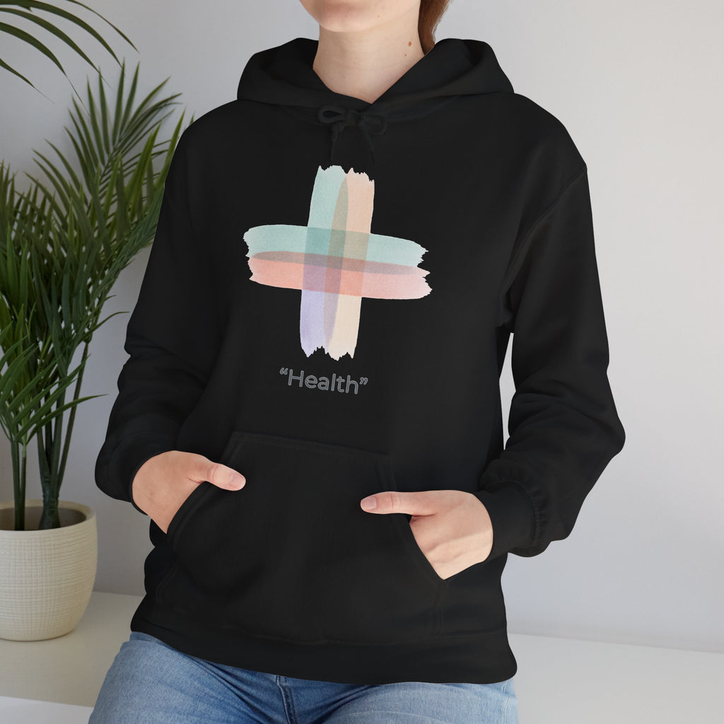 Health Symbol Hoodie – Minimal Pastel Cross & Leaf Wellness Graphic Hoodie