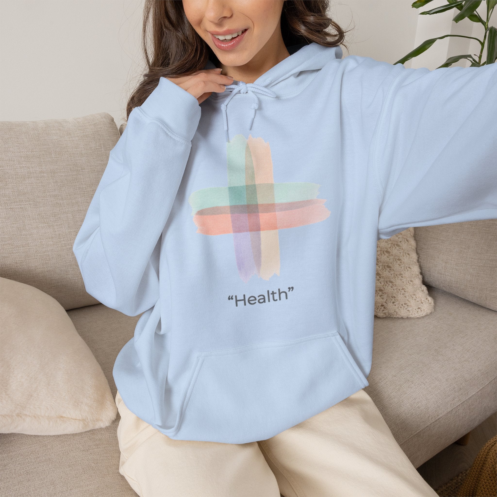Health Symbol Hoodie – Minimal Pastel Cross & Leaf Wellness Graphic Hoodie