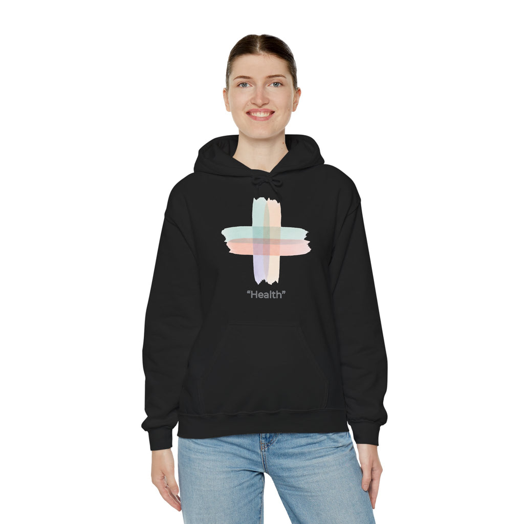 Health Symbol Hoodie – Minimal Pastel Cross & Leaf Wellness Graphic Hoodie