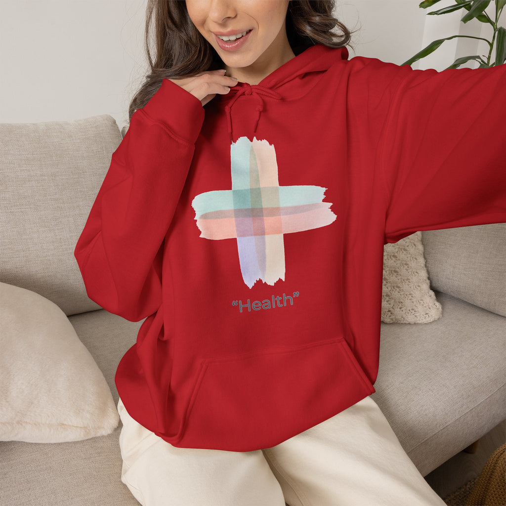 Health Symbol Hoodie – Minimal Pastel Cross & Leaf Wellness Graphic Hoodie