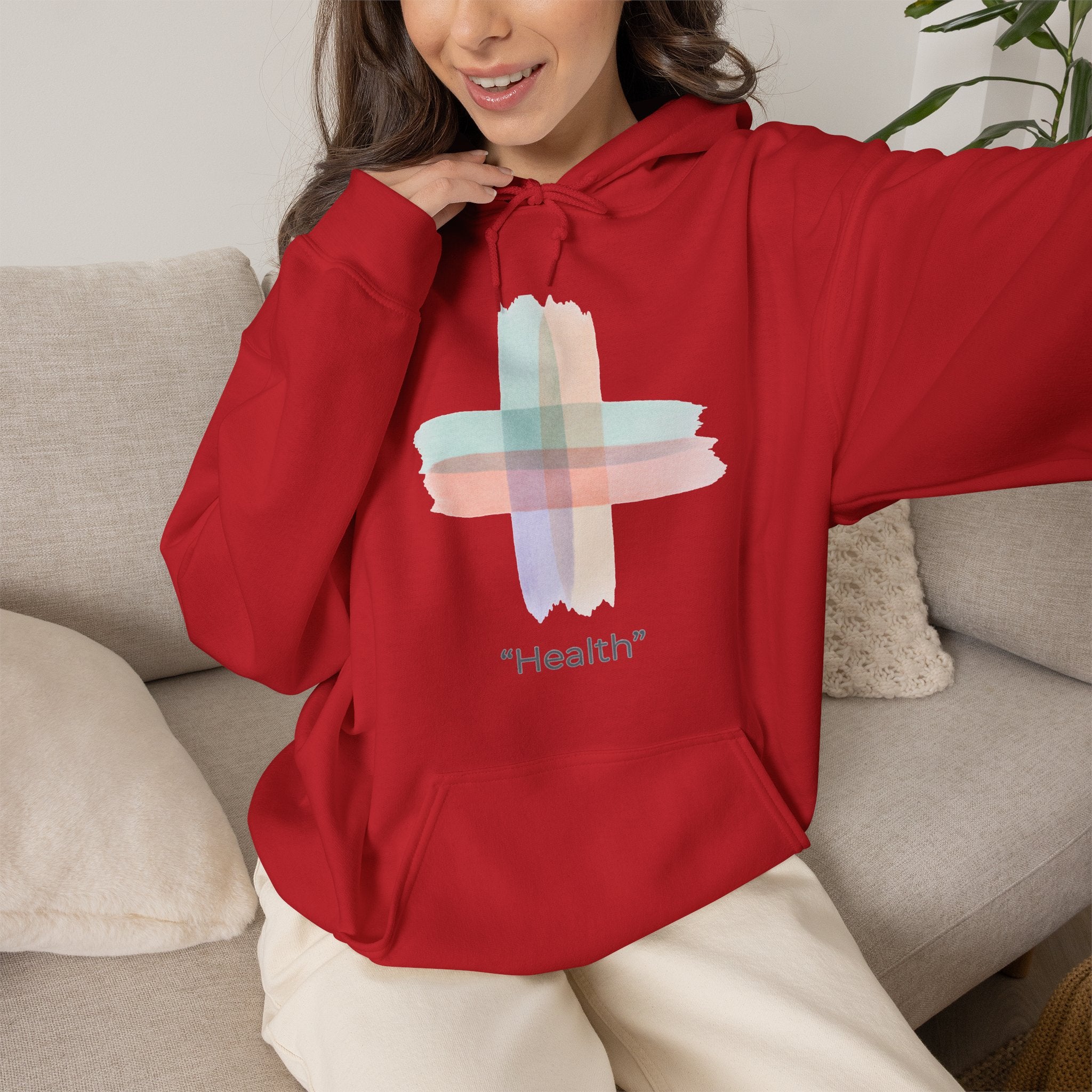 Health Symbol Hoodie – Minimal Pastel Cross & Leaf Wellness Graphic Hoodie