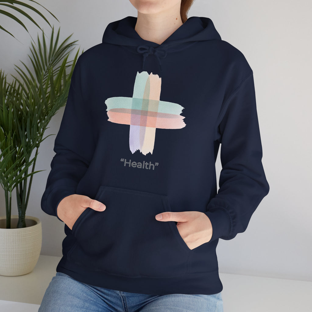 Health Symbol Hoodie – Minimal Pastel Cross & Leaf Wellness Graphic Hoodie