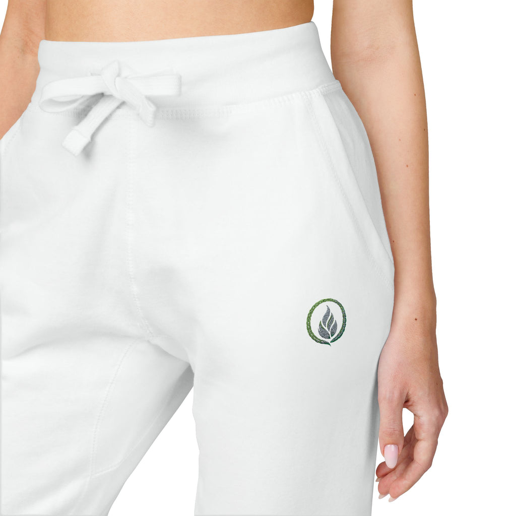 Embroidered Laurel Logo Sweatpants — White Fleece Joggers